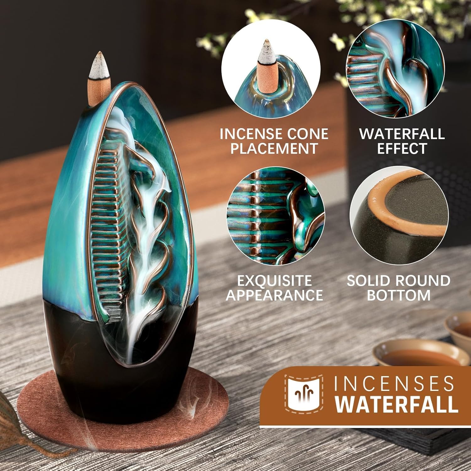 image:imageSPACEKEEPER Backflow Ceramic Incense Burner Waterfall Backflow Incense Holder with 120 Backflow Incense Cones Aromatherapy Ornament Home Decor for Yoga Spa Office Bedroom Blue