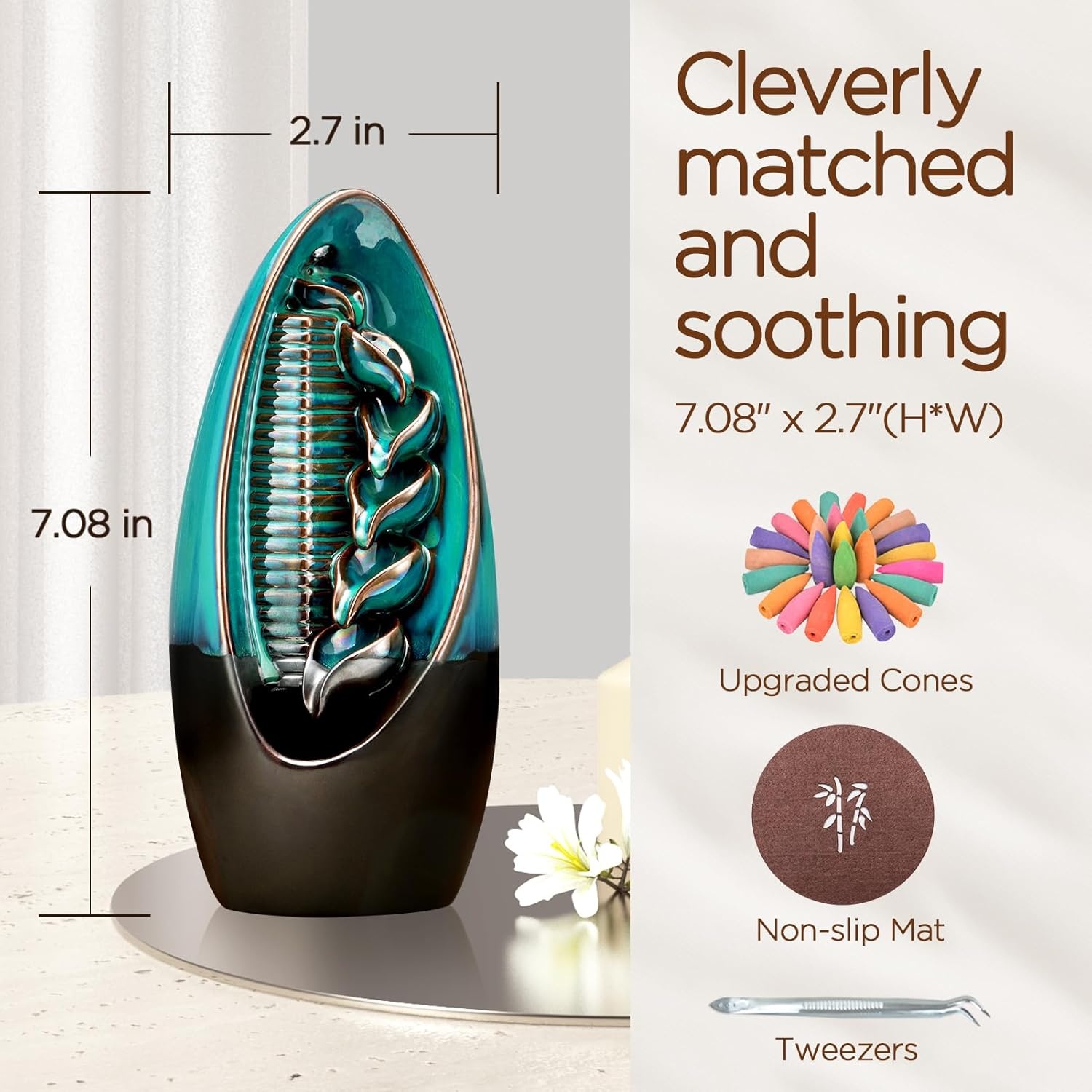 image:imageSPACEKEEPER Backflow Ceramic Incense Burner Waterfall Backflow Incense Holder with 120 Backflow Incense Cones Aromatherapy Ornament Home Decor for Yoga Spa Office Bedroom Blue