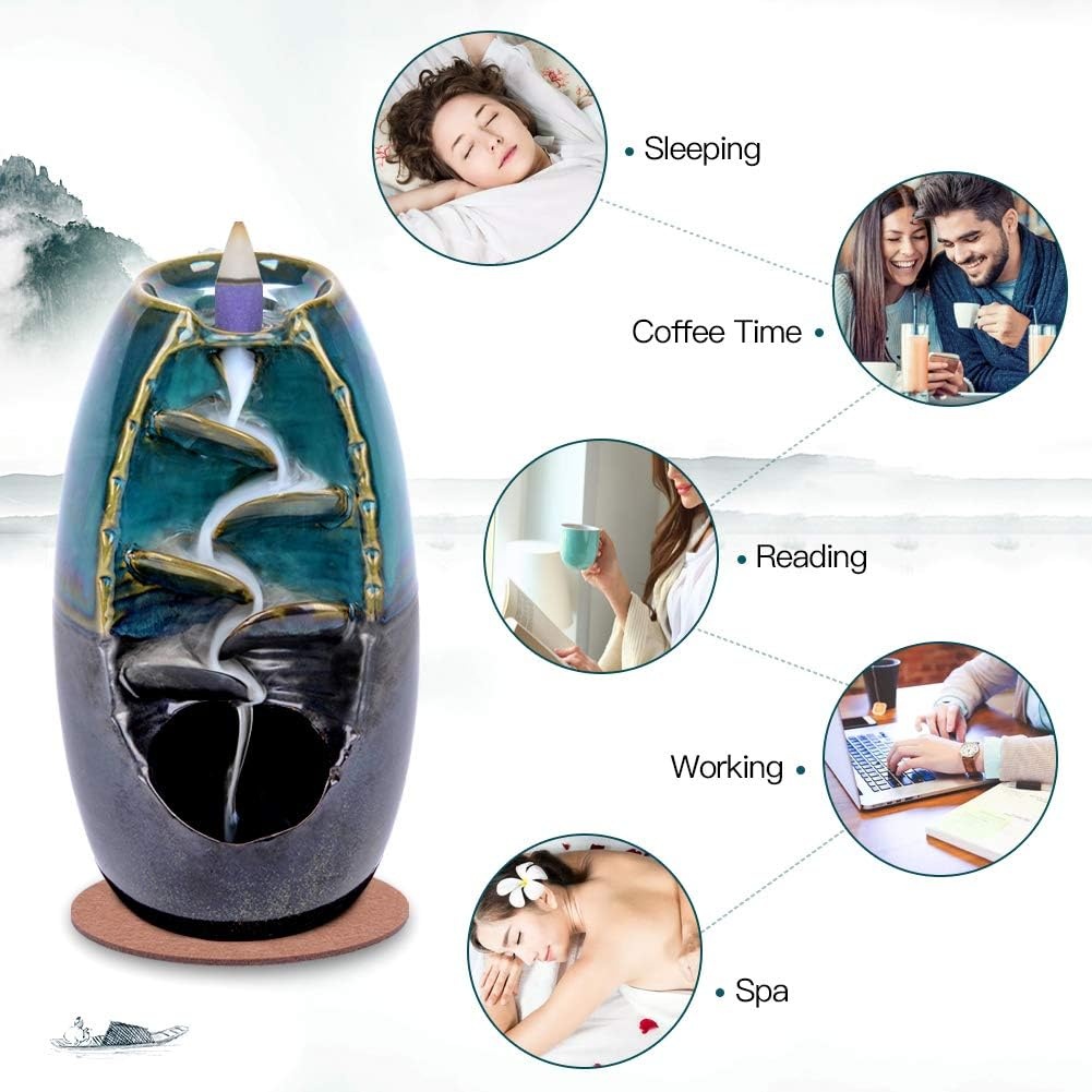 image:imageSPACEKEEPER Ceramic Incense Burner Holder Waterfall Aromatherapy Ornament Home Decor with 120 Backflow Incense Cones amp 30 Stick RedBlue