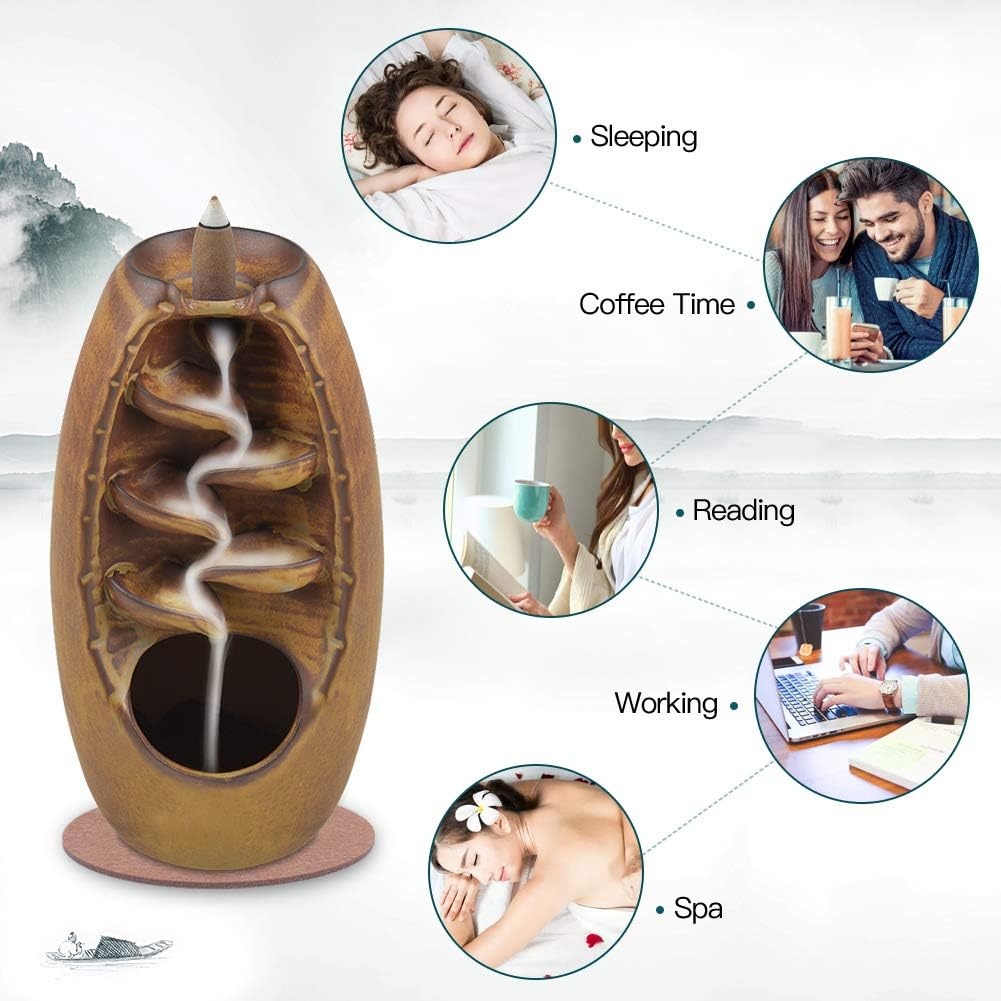 image:imageSPACEKEEPER Ceramic Incense Burner Holder Waterfall Aromatherapy Ornament Home Decor with 120 Backflow Incense Cones amp 30 Stick RedBrown