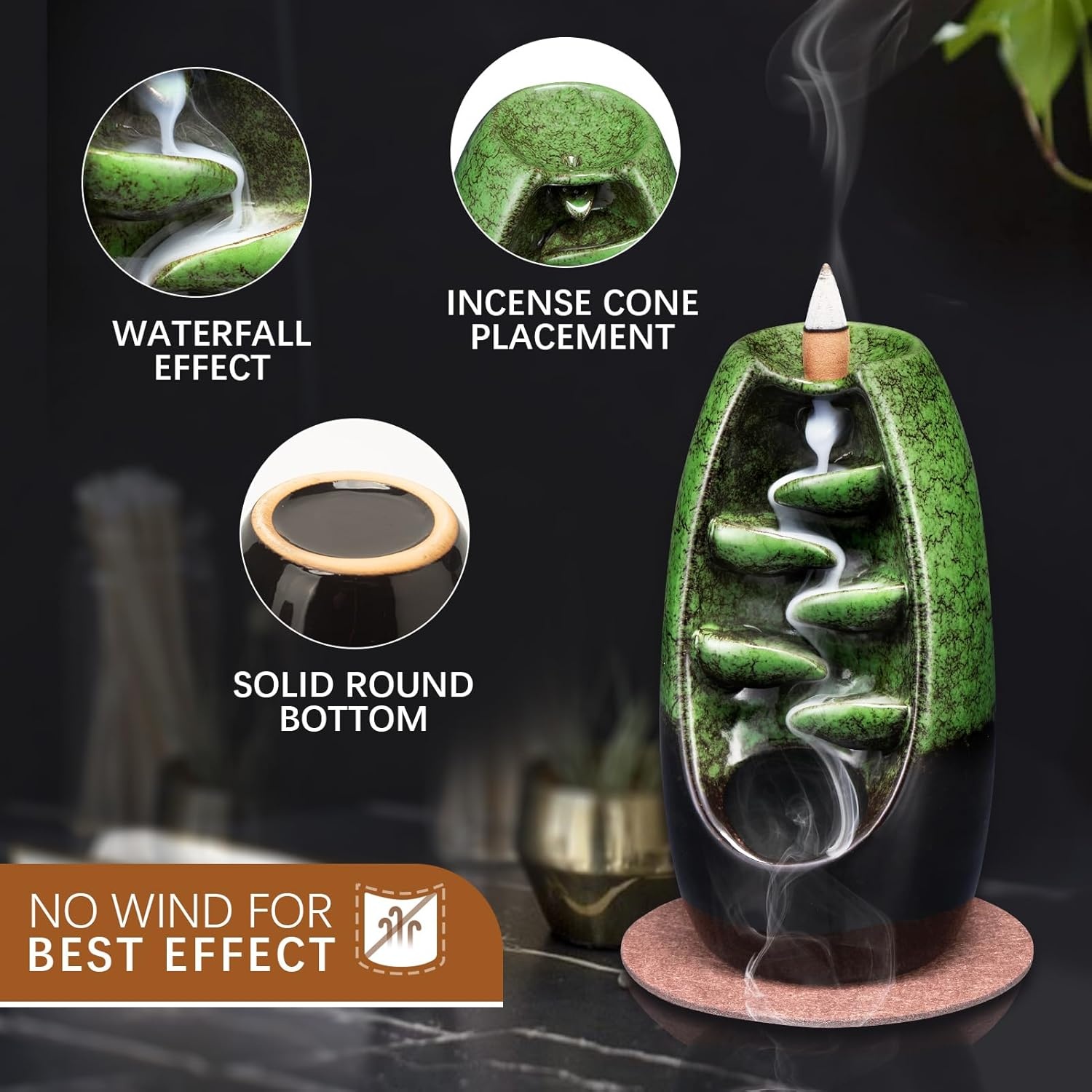 image:imageSPACEKEEPER Ceramic Incense Burner Holder Waterfall Aromatherapy Ornament Home Decor with 120 Backflow Incense Cones amp 30 Stick RedGreen