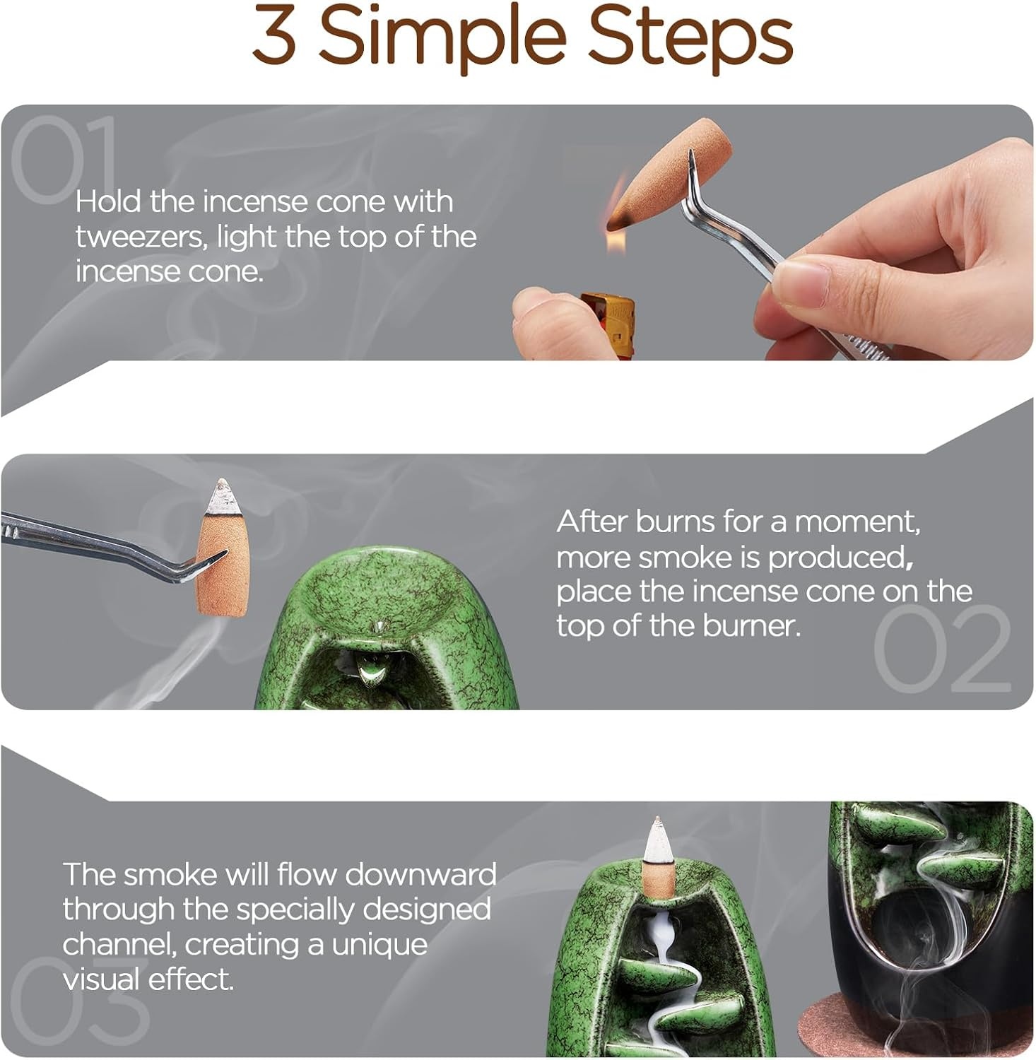 image:imageSPACEKEEPER Ceramic Incense Burner Holder Waterfall Aromatherapy Ornament Home Decor with 120 Backflow Incense Cones amp 30 Stick RedGreen