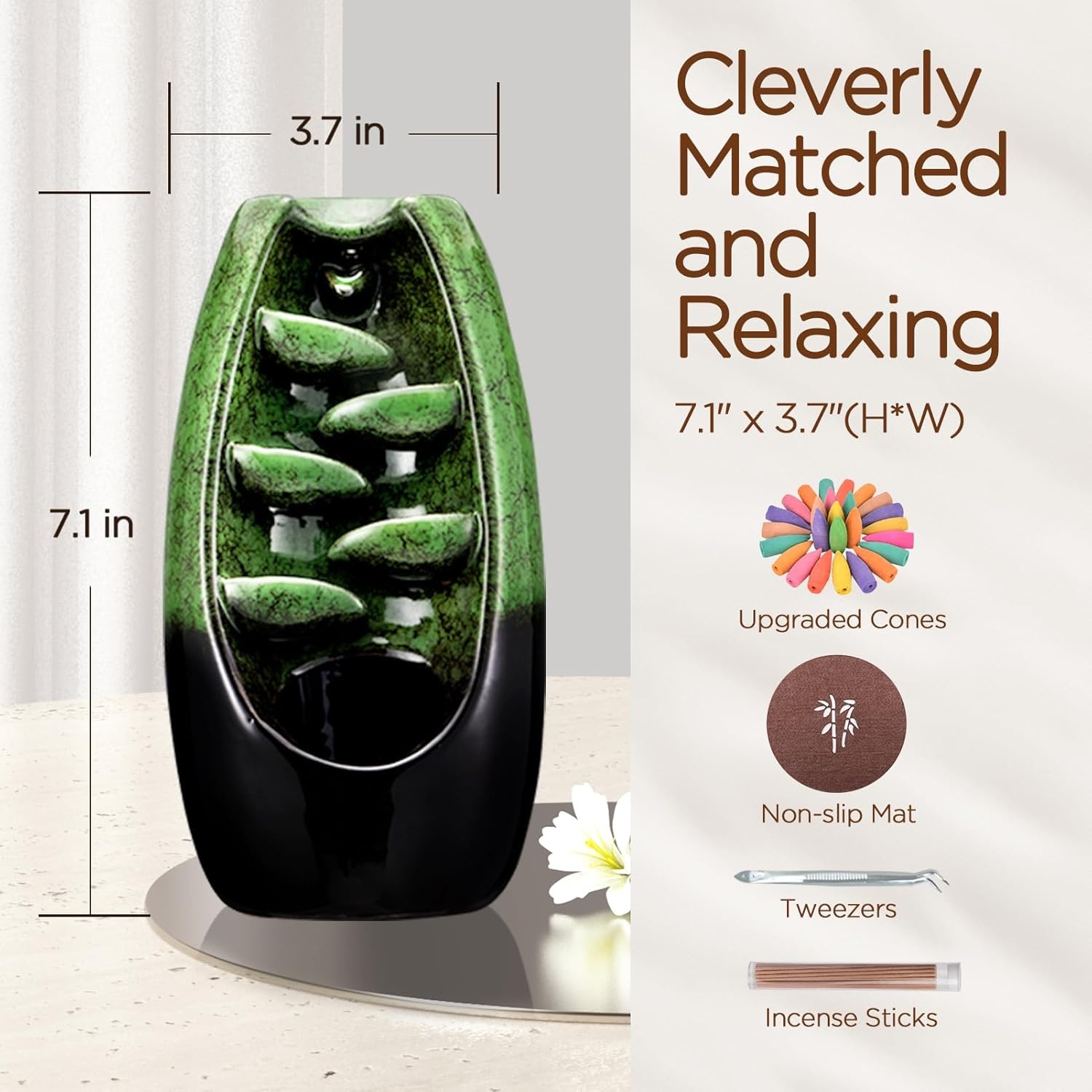 image:imageSPACEKEEPER Ceramic Incense Burner Holder Waterfall Aromatherapy Ornament Home Decor with 120 Backflow Incense Cones amp 30 Stick RedGreen