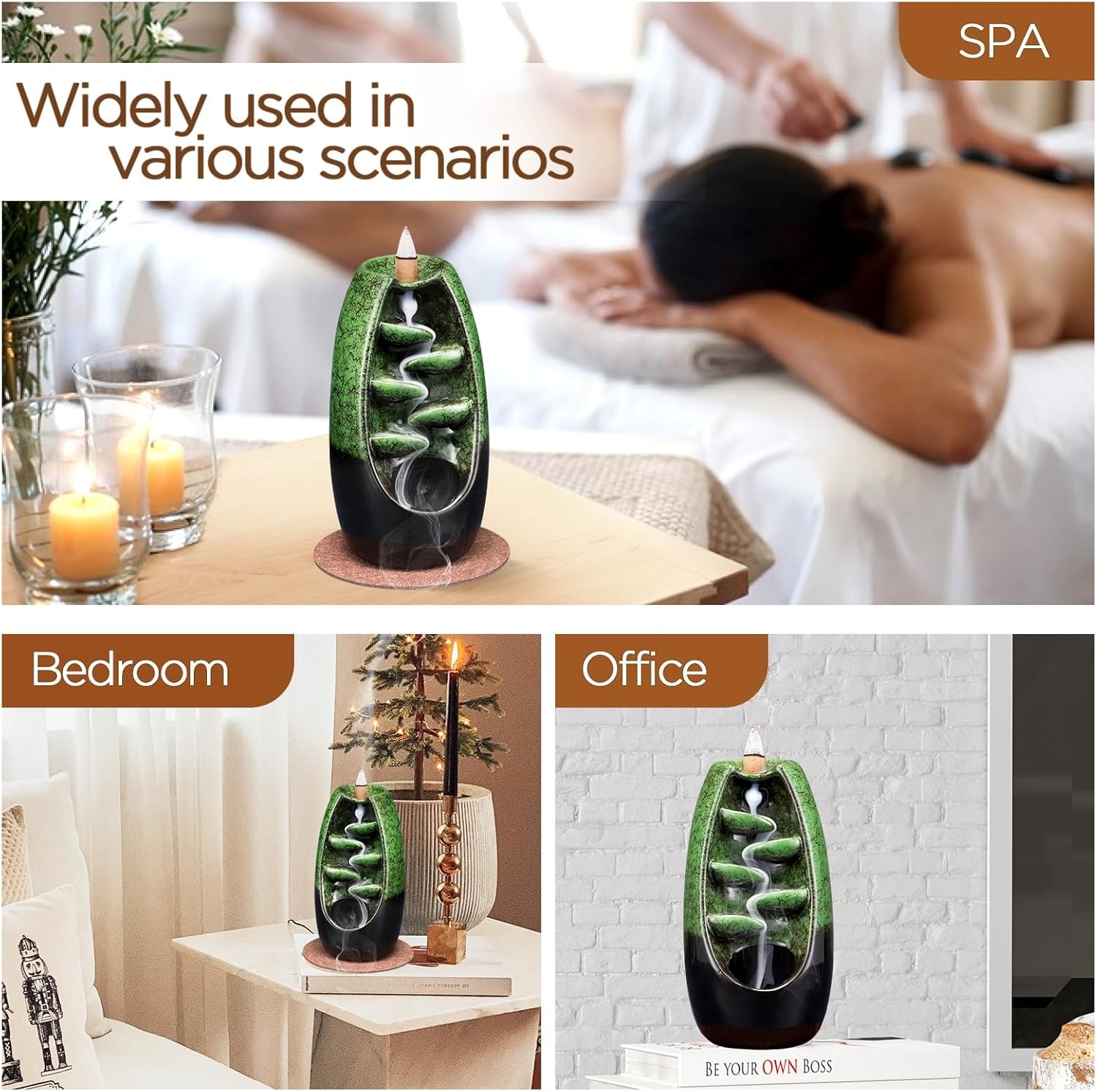 image:imageSPACEKEEPER Ceramic Incense Burner Holder Waterfall Aromatherapy Ornament Home Decor with 120 Backflow Incense Cones amp 30 Stick RedGreen