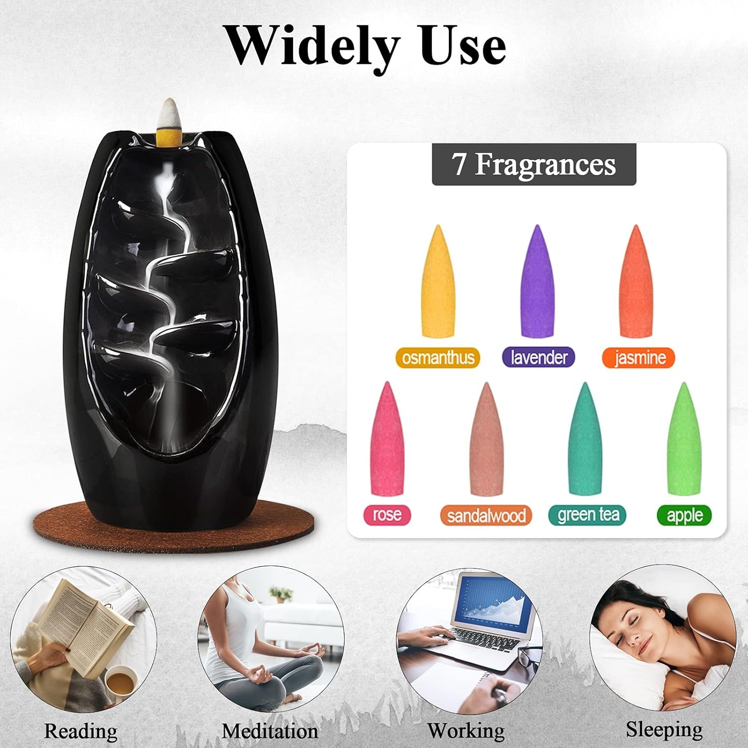 image:imageSPACEKEEPER Ceramic Incense Burner Holder Waterfall Aromatherapy Ornament Home Decor with 120 Backflow Incense Cones amp 30 Stick RedJet Black