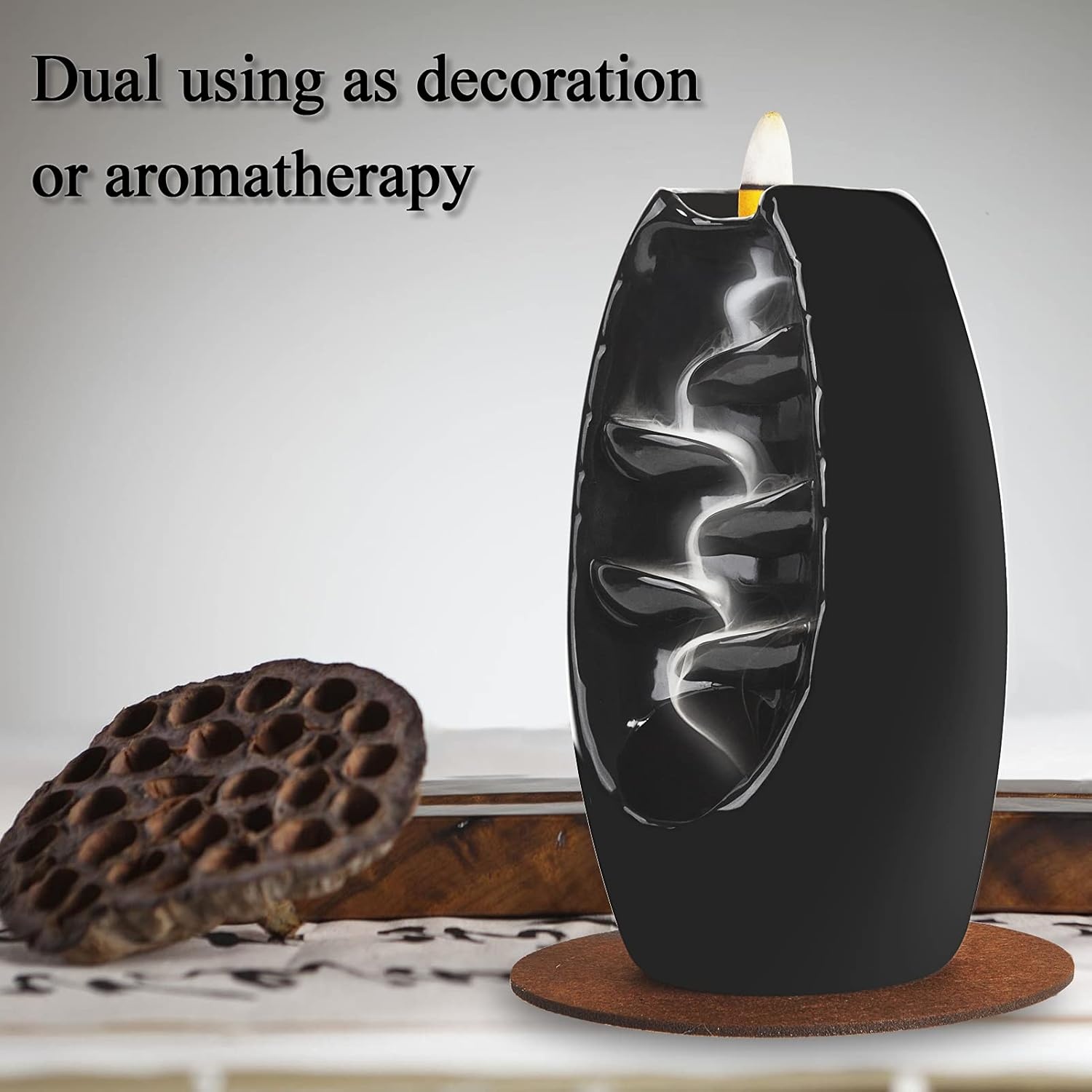 image:imageSPACEKEEPER Ceramic Incense Burner Holder Waterfall Aromatherapy Ornament Home Decor with 120 Backflow Incense Cones amp 30 Stick RedJet Black