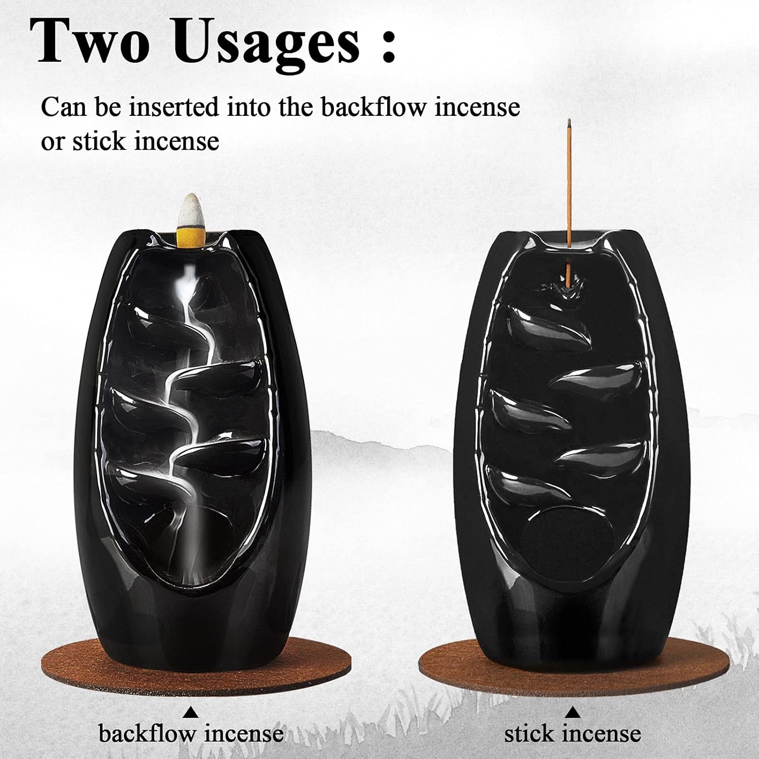 image:imageSPACEKEEPER Ceramic Incense Burner Holder Waterfall Aromatherapy Ornament Home Decor with 120 Backflow Incense Cones amp 30 Stick RedJet Black