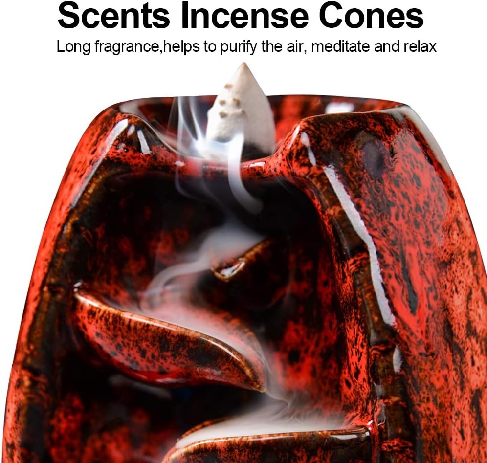 image:imageSPACEKEEPER Ceramic Incense Burner Holder Waterfall Aromatherapy Ornament Home Decor with 120 Backflow Incense Cones amp 30 Stick RedRed