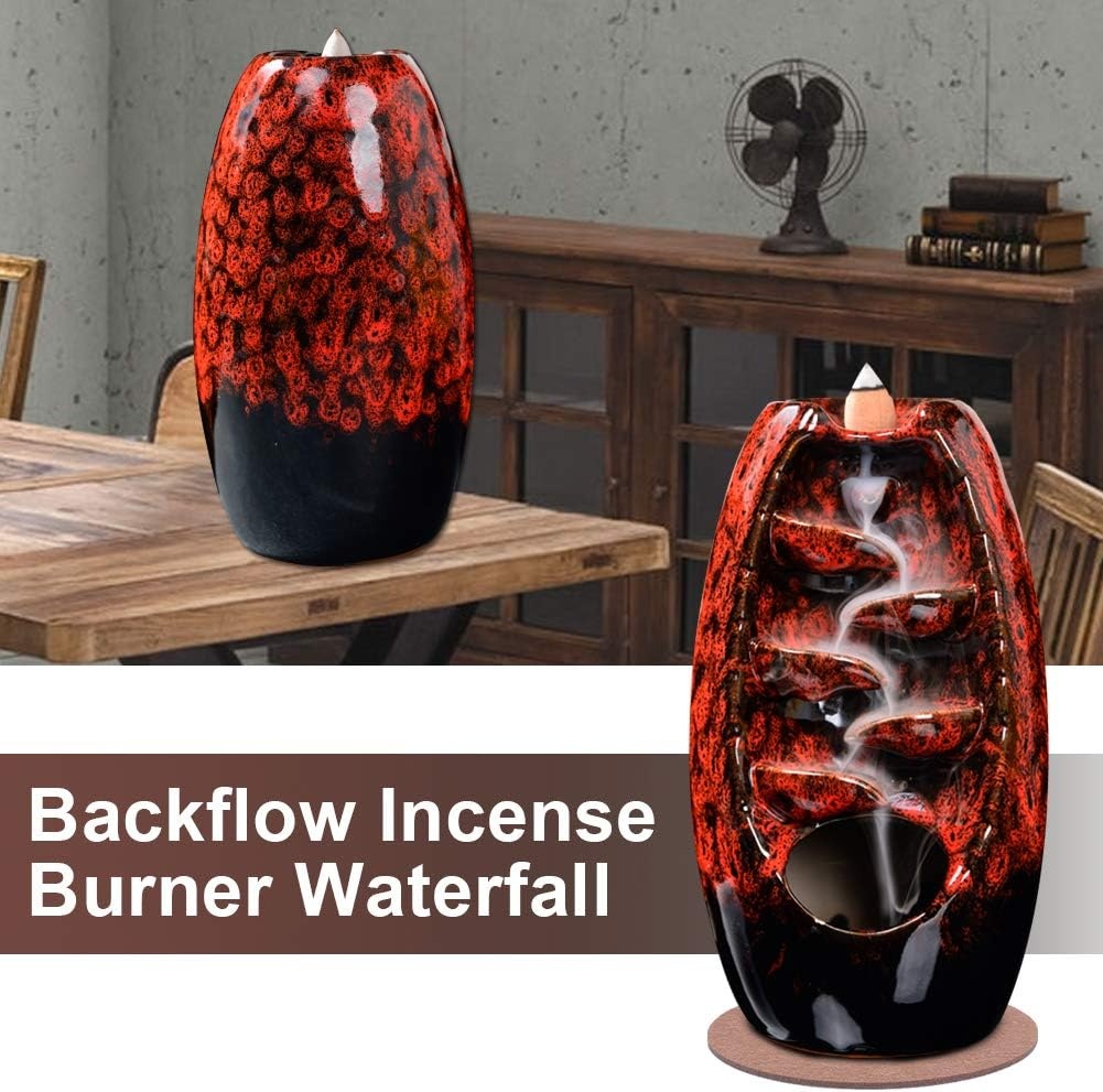 image:imageSPACEKEEPER Ceramic Incense Burner Holder Waterfall Aromatherapy Ornament Home Decor with 120 Backflow Incense Cones amp 30 Stick RedRed