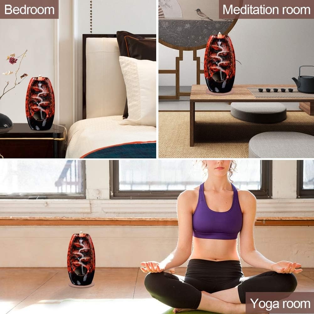 image:imageSPACEKEEPER Ceramic Incense Burner Holder Waterfall Aromatherapy Ornament Home Decor with 120 Backflow Incense Cones amp 30 Stick RedRed