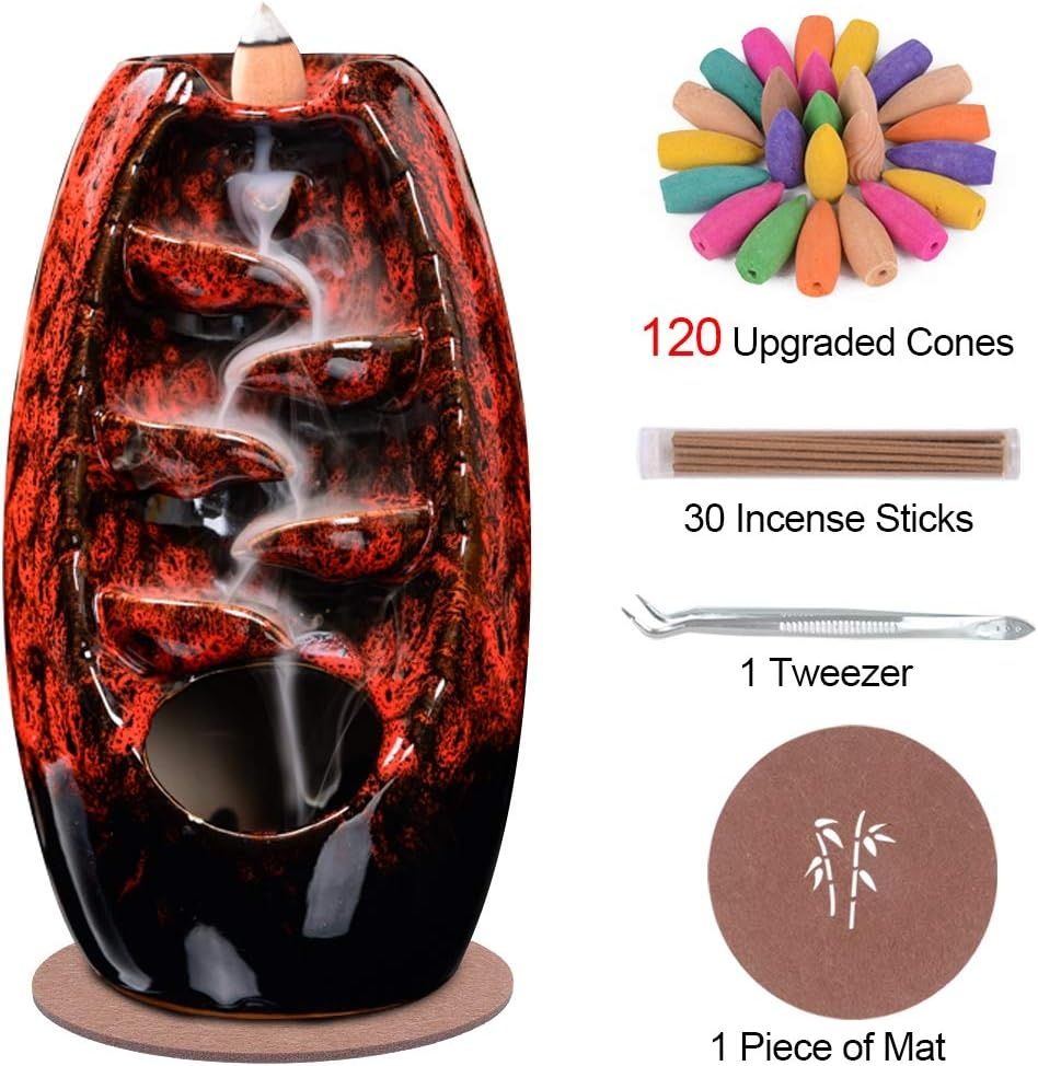 image:imageSPACEKEEPER Ceramic Incense Burner Holder Waterfall Aromatherapy Ornament Home Decor with 120 Backflow Incense Cones amp 30 Stick RedRed