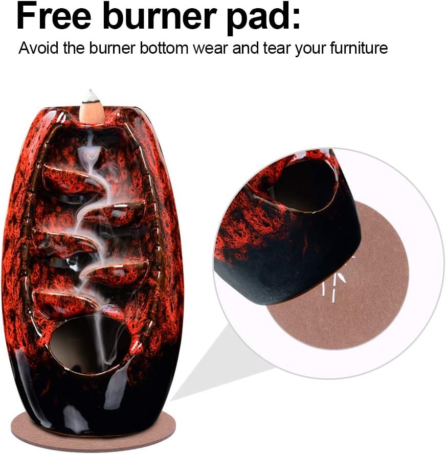 image:imageSPACEKEEPER Ceramic Incense Burner Holder Waterfall Aromatherapy Ornament Home Decor with 120 Backflow Incense Cones amp 30 Stick RedRed