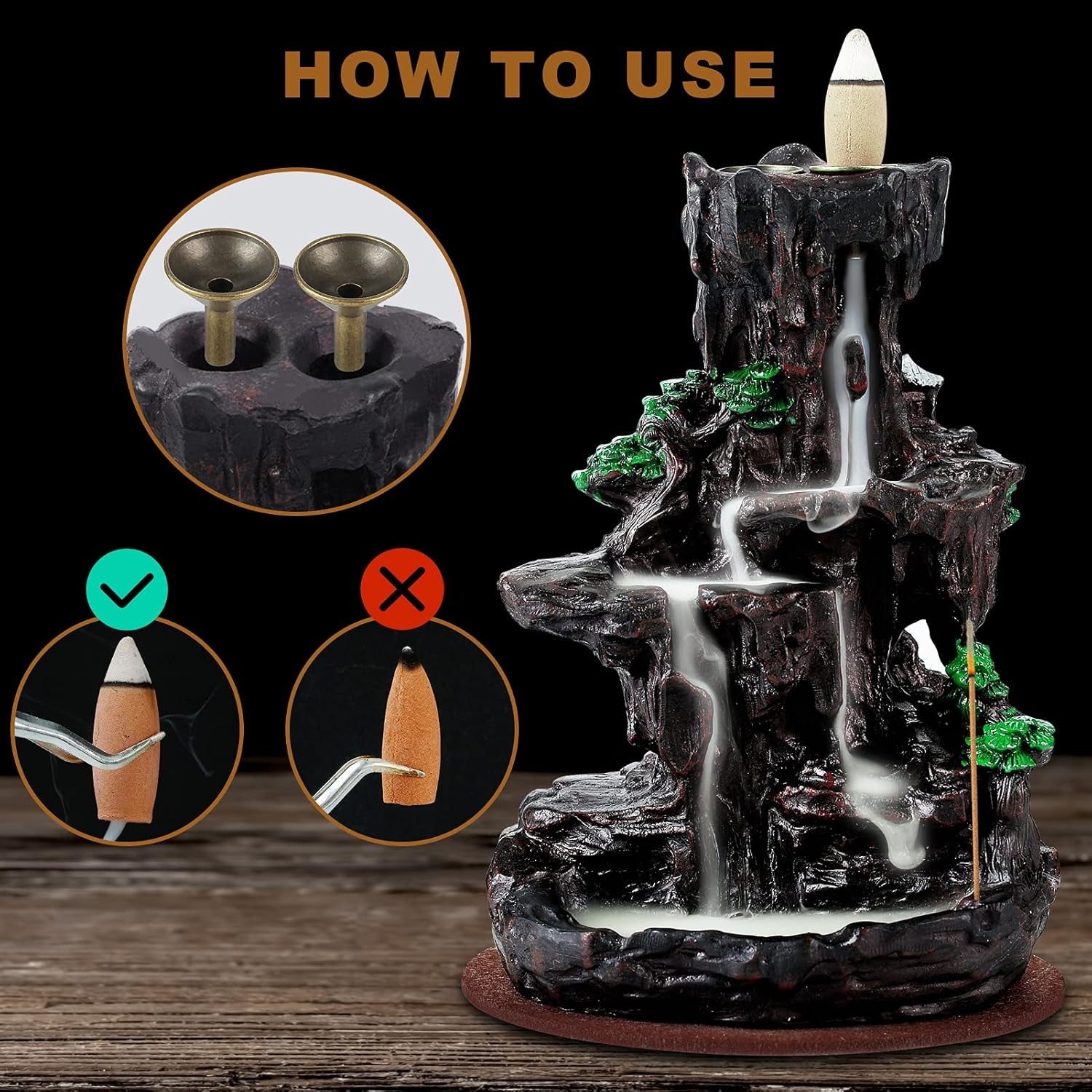 image:imageSPACEKEEPER Incense Burner Backflow Incense Holder 2 Sides Waterfall Incense Burnier with 120 Backflow Incense Cones 30 Incense Sticks Aromatcherapy Ornamen for Home