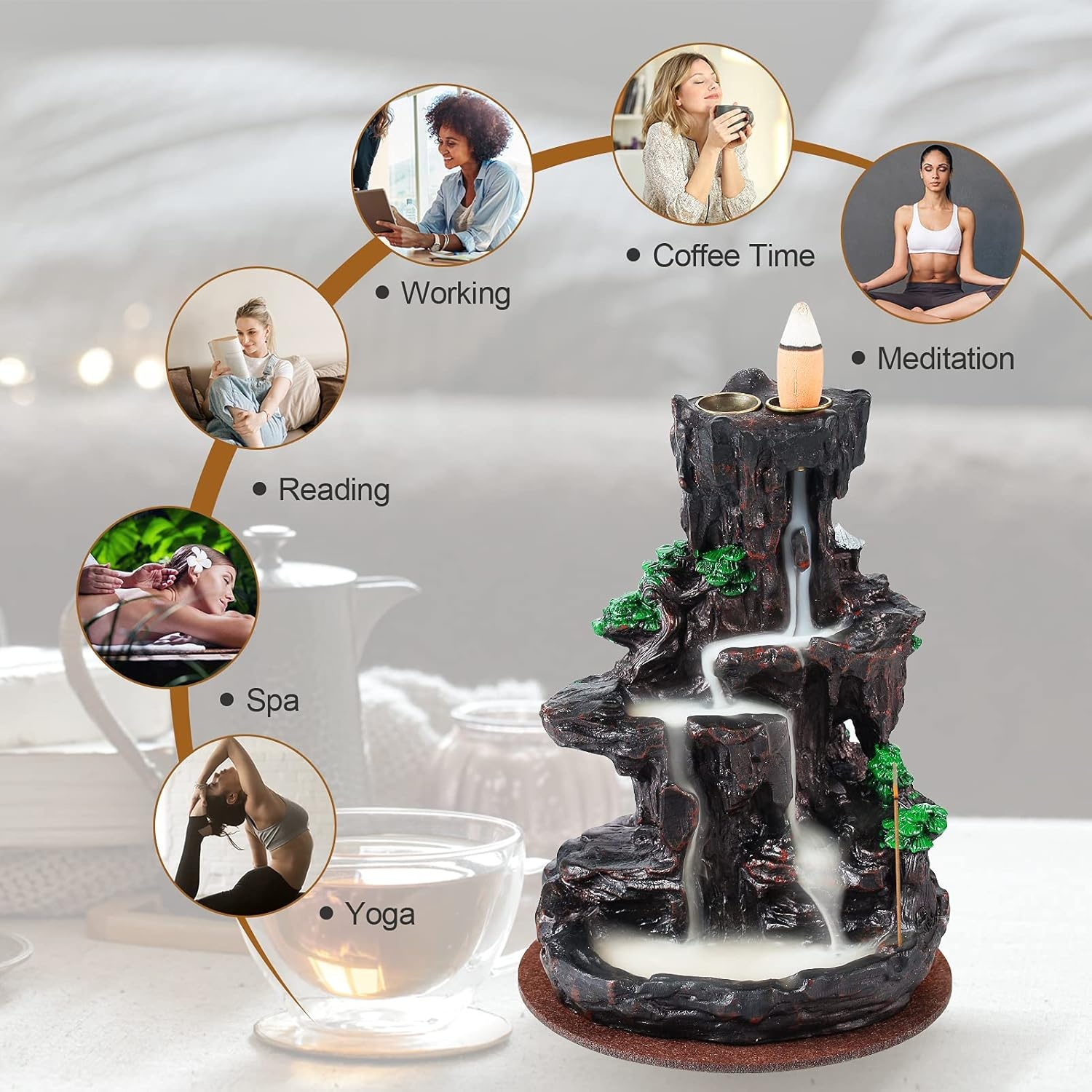 image:imageSPACEKEEPER Incense Burner Backflow Incense Holder 2 Sides Waterfall Incense Burnier with 120 Backflow Incense Cones 30 Incense Sticks Aromatcherapy Ornamen for Home