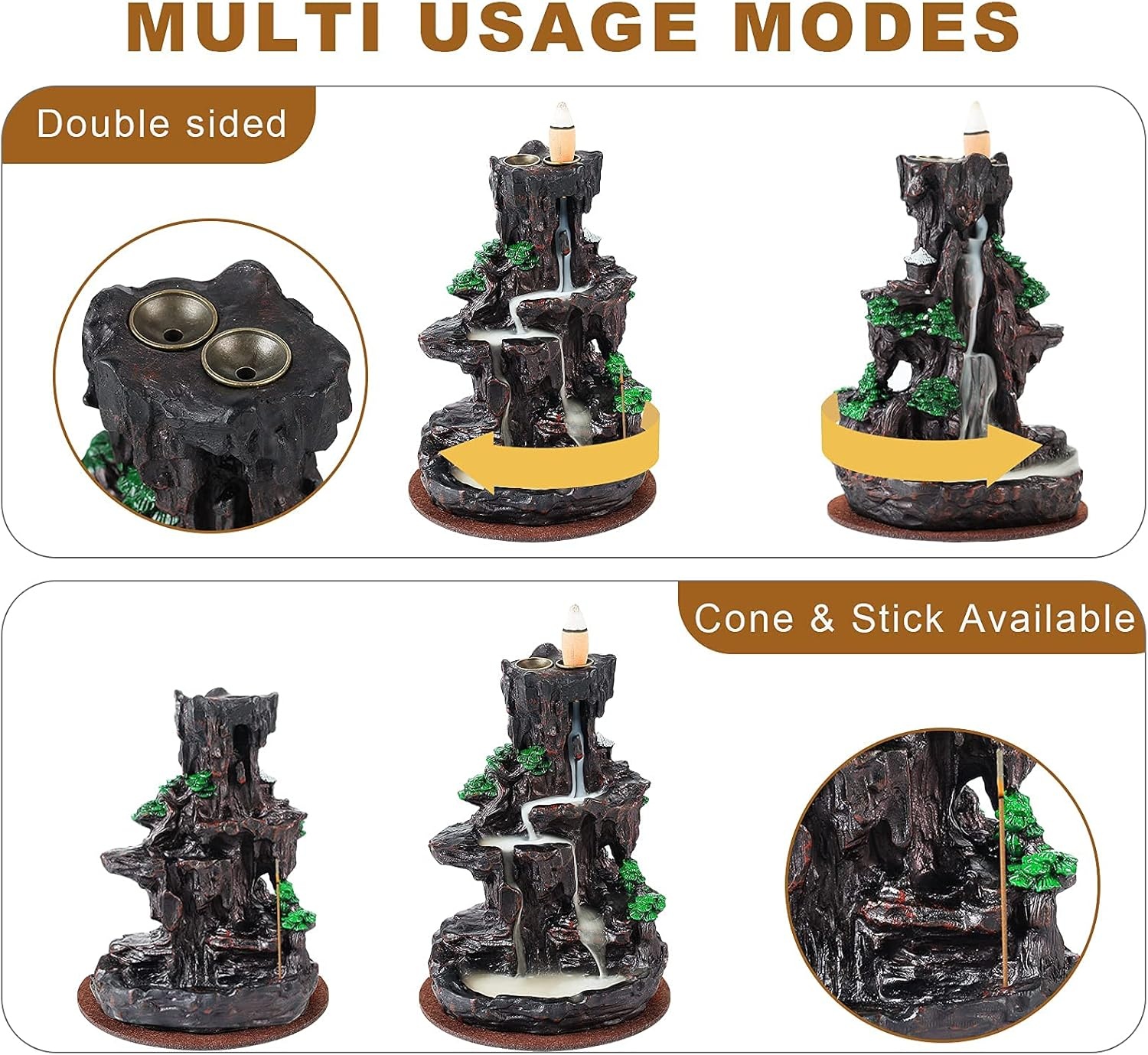 image:imageSPACEKEEPER Incense Burner Backflow Incense Holder 2 Sides Waterfall Incense Burnier with 120 Backflow Incense Cones 30 Incense Sticks Aromatcherapy Ornamen for Home