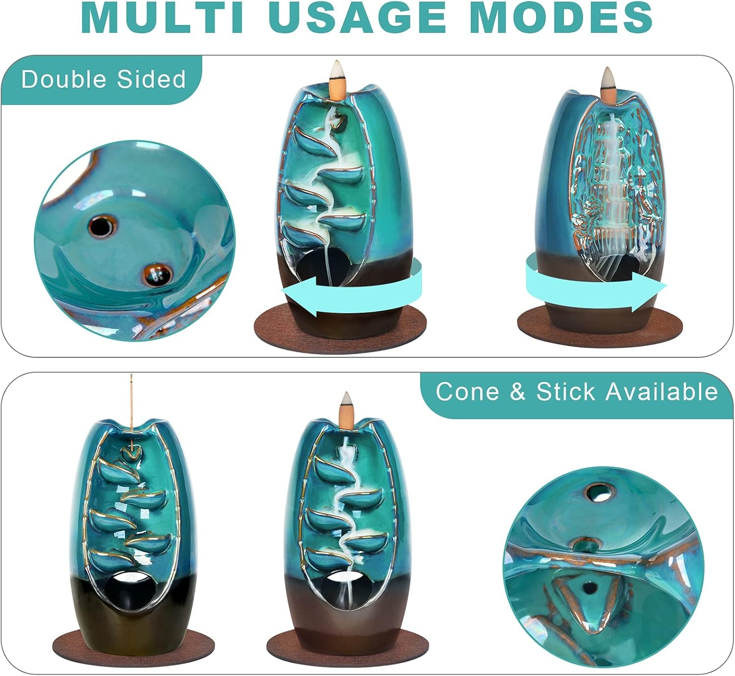 image:imageSPACEKEEPER Waterfall Incense Burner Ceramic Backflow Incense Holder 2 Sides Incense Fountain with 120 Incense Cones amp 30 Incense Stick Aromatherapy Ornament Home Decor Blue