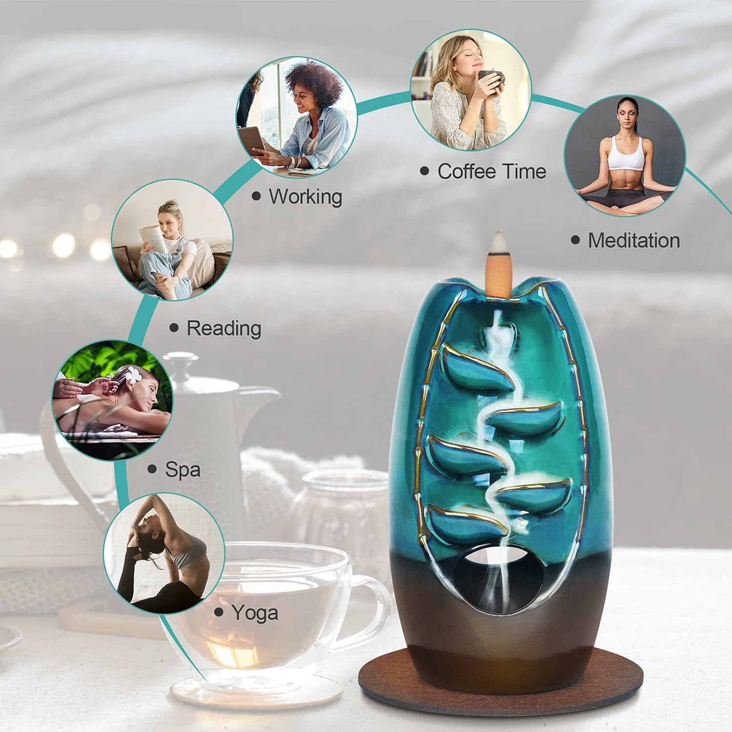 image:imageSPACEKEEPER Waterfall Incense Burner Ceramic Backflow Incense Holder 2 Sides Incense Fountain with 120 Incense Cones amp 30 Incense Stick Aromatherapy Ornament Home Decor Blue
