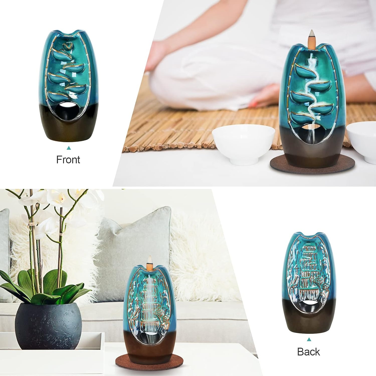 image:imageSPACEKEEPER Waterfall Incense Burner Ceramic Backflow Incense Holder 2 Sides Incense Fountain with 120 Incense Cones amp 30 Incense Stick Aromatherapy Ornament Home Decor Blue