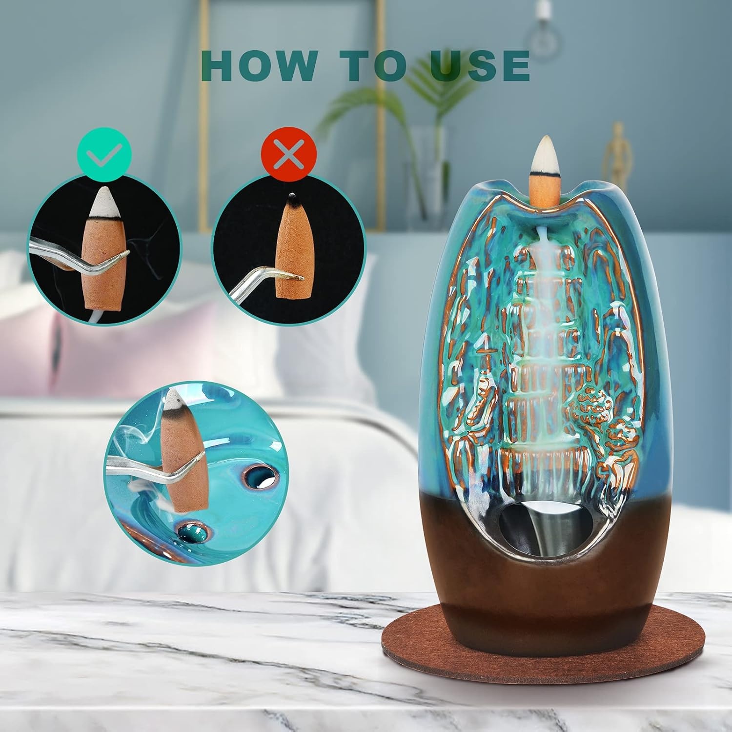 image:imageSPACEKEEPER Waterfall Incense Burner Ceramic Backflow Incense Holder 2 Sides Incense Fountain with 120 Incense Cones amp 30 Incense Stick Aromatherapy Ornament Home Decor Blue