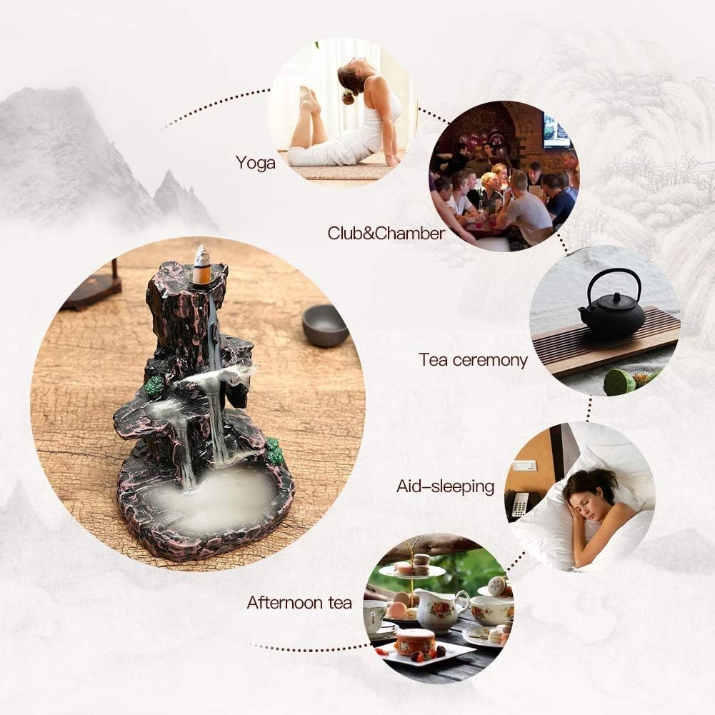 image:imageSPACEKEEPER Waterfall Monk Incense Burner Mountain Tower Incense Holders with 120 Backflow Incense Cones 30 Incense Stick for Home Office Yoga Aromatcherapy Ornamen Stone Brown