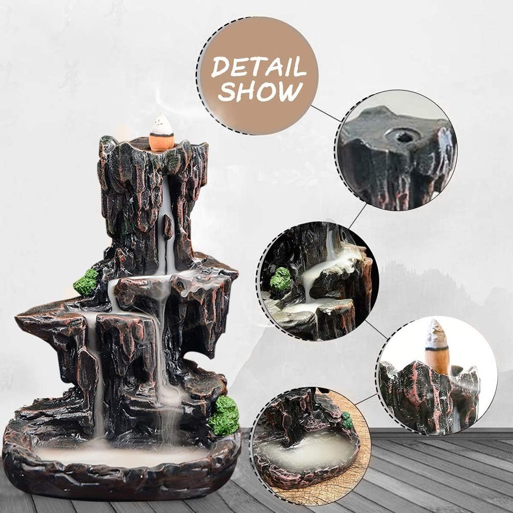 image:imageSPACEKEEPER Waterfall Monk Incense Burner Mountain Tower Incense Holders with 120 Backflow Incense Cones 30 Incense Stick for Home Office Yoga Aromatcherapy Ornamen Stone Brown