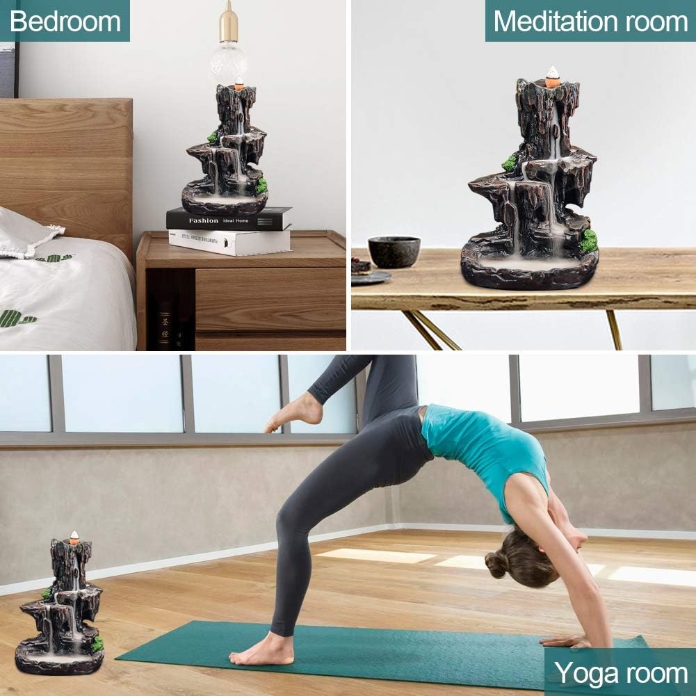 image:imageSPACEKEEPER Waterfall Monk Incense Burner Mountain Tower Incense Holders with 120 Backflow Incense Cones 30 Incense Stick for Home Office Yoga Aromatcherapy Ornamen Stone Brown