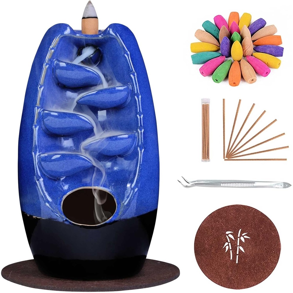 image:imageSPACEKEEPER Ceramic Incense Burner Holder Waterfall Aromatherapy Ornament Home Decor with 120 Backflow Incense Cones amp 30 Stick RedNavy