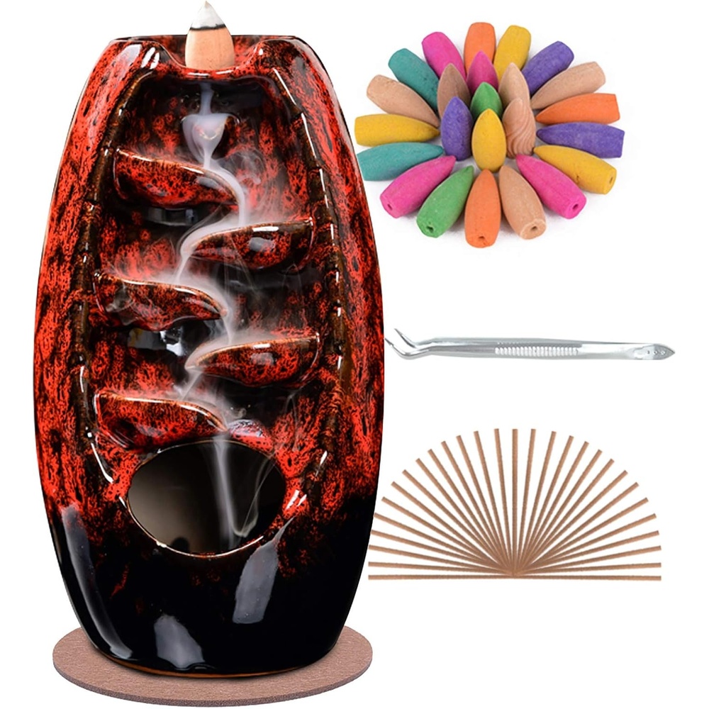 image:imageSPACEKEEPER Ceramic Incense Burner Holder Waterfall Aromatherapy Ornament Home Decor with 120 Backflow Incense Cones amp 30 Stick RedRed