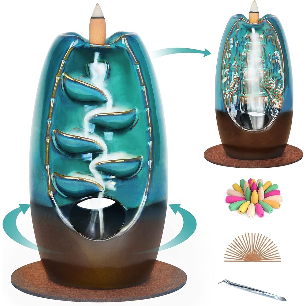 image:imageSPACEKEEPER Waterfall Incense Burner Ceramic Backflow Incense Holder 2 Sides Incense Fountain with 120 Incense Cones amp 30 Incense Stick Aromatherapy Ornament Home Decor Blue