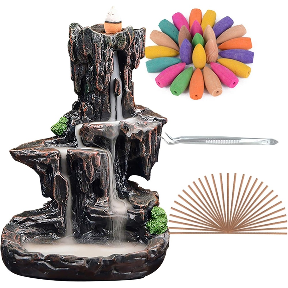 image:imageSPACEKEEPER Waterfall Monk Incense Burner Mountain Tower Incense Holders with 120 Backflow Incense Cones 30 Incense Stick for Home Office Yoga Aromatcherapy Ornamen Stone Brown