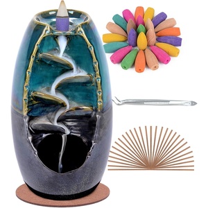 image:imageSPACEKEEPER Ceramic Incense Burner Holder Waterfall Aromatherapy Ornament Home Decor with 120 Backflow Incense Cones amp 30 Stick RedBlue