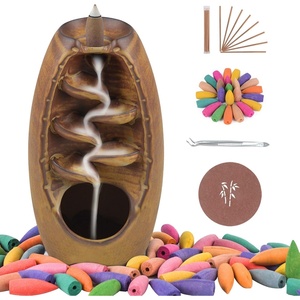 image:imageSPACEKEEPER Ceramic Incense Burner Holder Waterfall Aromatherapy Ornament Home Decor with 120 Backflow Incense Cones amp 30 Stick RedBrown