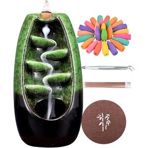 image:imageSPACEKEEPER Ceramic Incense Burner Holder Waterfall Aromatherapy Ornament Home Decor with 120 Backflow Incense Cones amp 30 Stick RedGreen