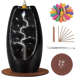 image:imageSPACEKEEPER Ceramic Incense Burner Holder Waterfall Aromatherapy Ornament Home Decor with 120 Backflow Incense Cones amp 30 Stick RedJet Black