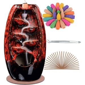 image:imageSPACEKEEPER Ceramic Incense Burner Holder Waterfall Aromatherapy Ornament Home Decor with 120 Backflow Incense Cones amp 30 Stick RedRed