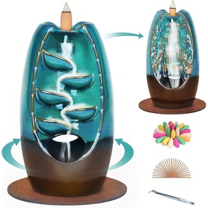 image:imageSPACEKEEPER Waterfall Incense Burner Ceramic Backflow Incense Holder 2 Sides Incense Fountain with 120 Incense Cones amp 30 Incense Stick Aromatherapy Ornament Home Decor Blue
