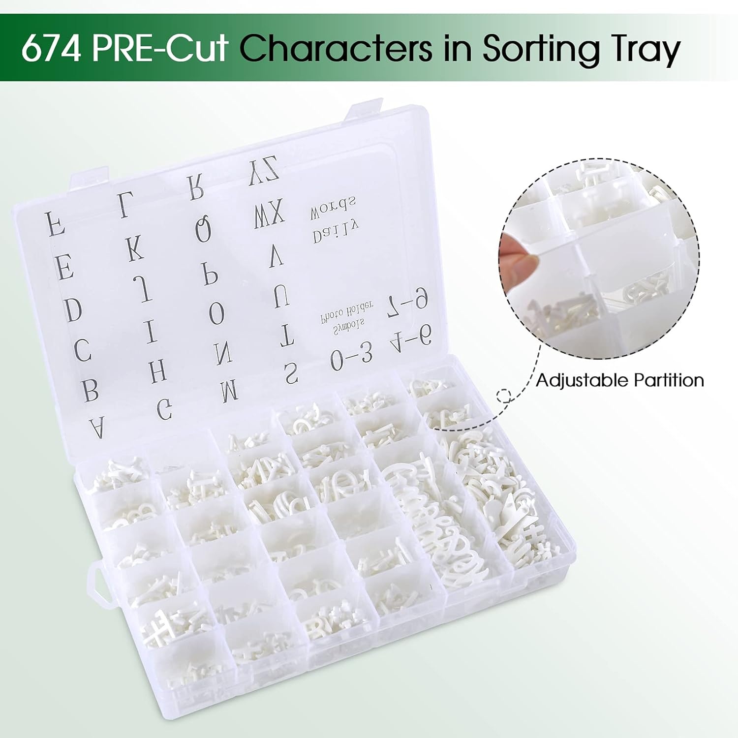 image:imageLetter Board Letters 674 PRECut Characters Letter Organizer Box 34 and 1 Inch with Sorting Tray White