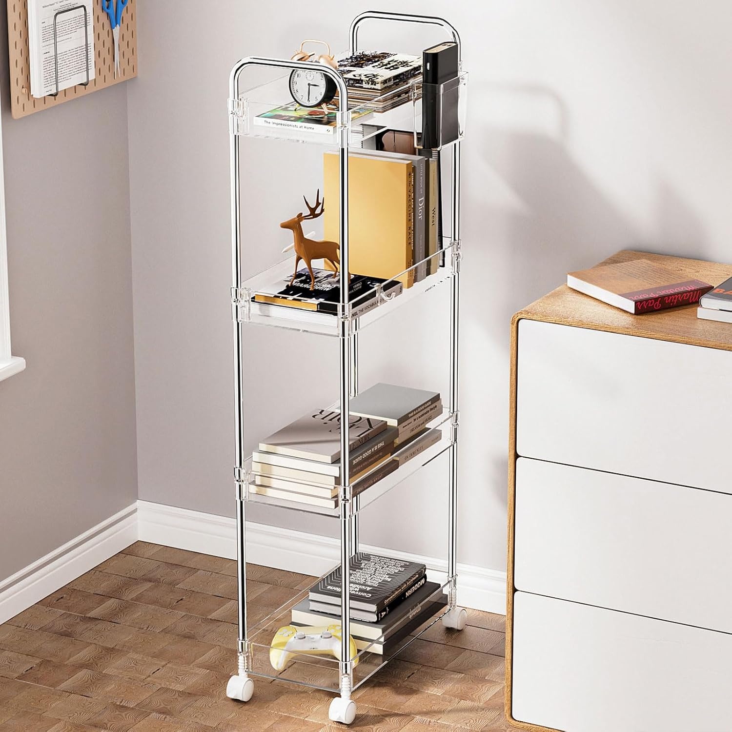 image:imageSPACEKEEPER Acrylic Rolling Storage Cart 4 Tier Clear Bathroom Cart Organizer Transparency Rolling Utility Cart Laundry Room Organization Multifunction Mobile Shelving Unit for Office Living RoomClear