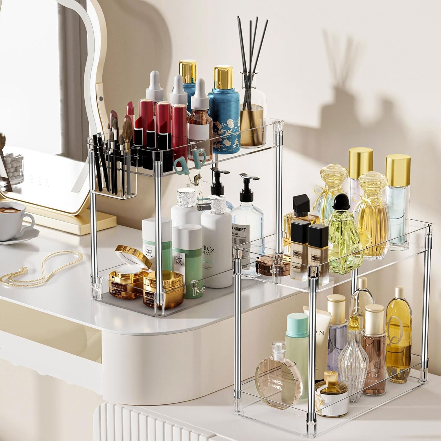 image:imageSPACEKEEPER Acrylic Rolling Storage Cart 4 Tier Clear Bathroom Cart Organizer Transparency Rolling Utility Cart Laundry Room Organization Multifunction Mobile Shelving Unit for Office Living RoomClear