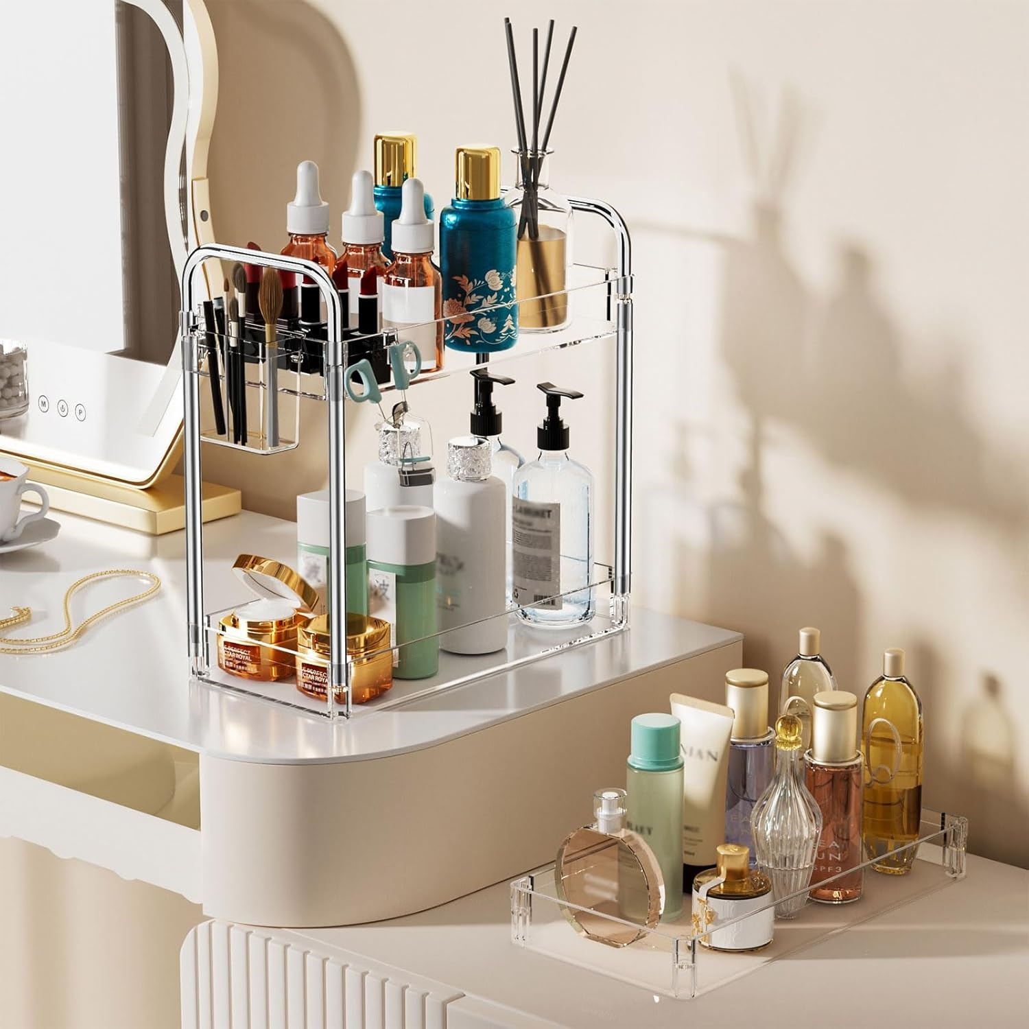 image:imageSPACEKEEPER Acrylic Rolling Storage Cart 4 Tier Clear Bathroom Cart Organizer Transparency Rolling Utility Cart Laundry Room Organization Multifunction Mobile Shelving Unit for Office Living RoomClear