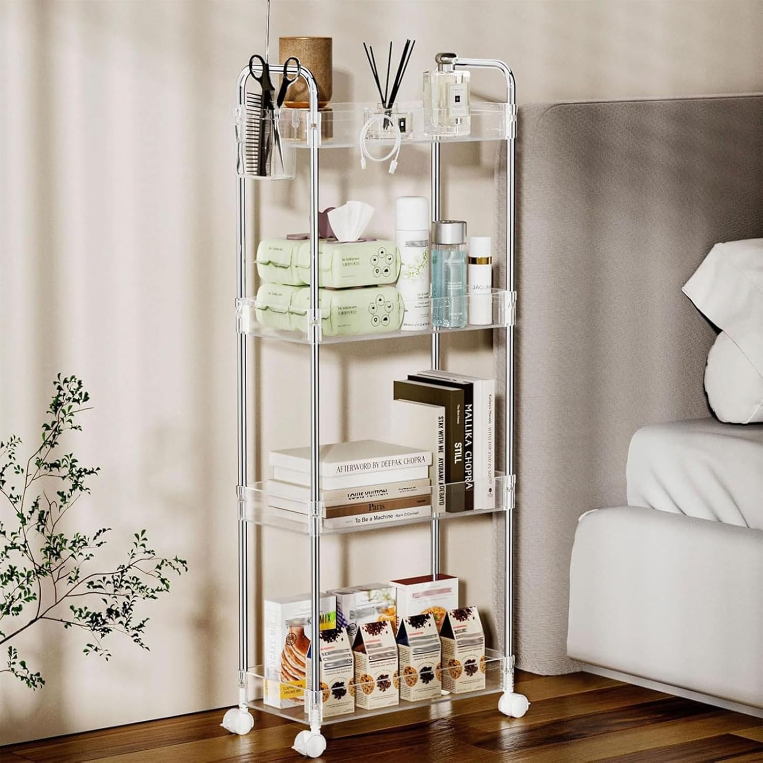 image:imageSPACEKEEPER Acrylic Rolling Storage Cart 4 Tier Clear Bathroom Cart Organizer Transparency Rolling Utility Cart Laundry Room Organization Multifunction Mobile Shelving Unit for Office Living RoomClear