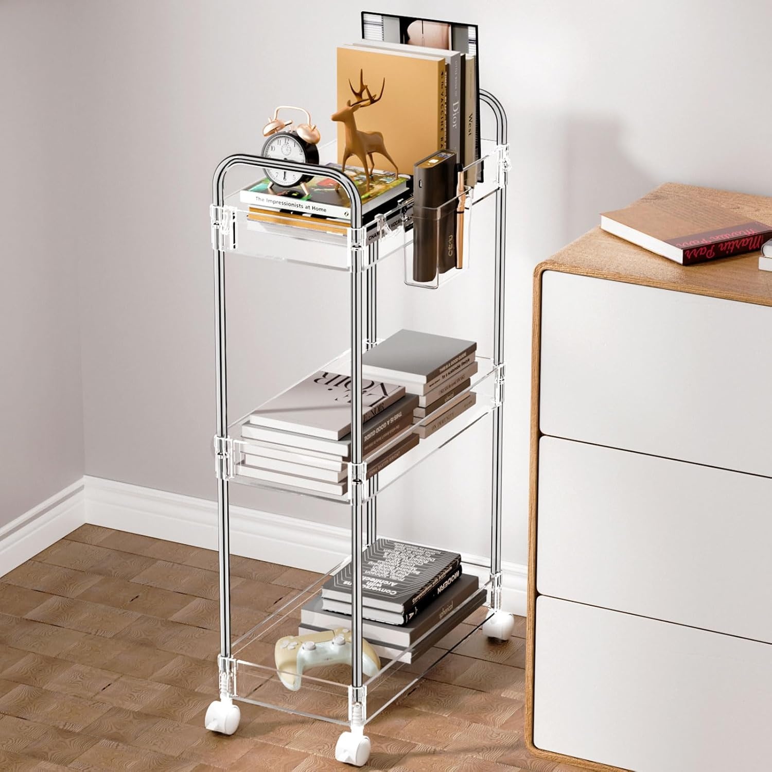 image:imageSPACEKEEPER Acrylic Rolling Storage Cart 4 Tier Clear Bathroom Cart Organizer Transparency Rolling Utility Cart Laundry Room Organization Multifunction Mobile Shelving Unit for Office Living RoomClear