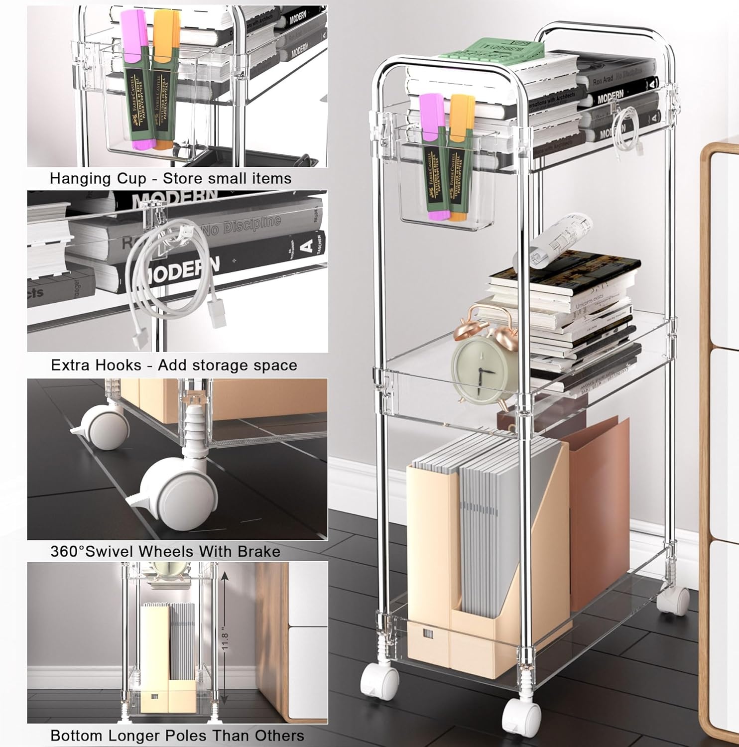 image:imageSPACEKEEPER Acrylic Rolling Storage Cart 4 Tier Clear Bathroom Cart Organizer Transparency Rolling Utility Cart Laundry Room Organization Multifunction Mobile Shelving Unit for Office Living RoomClear