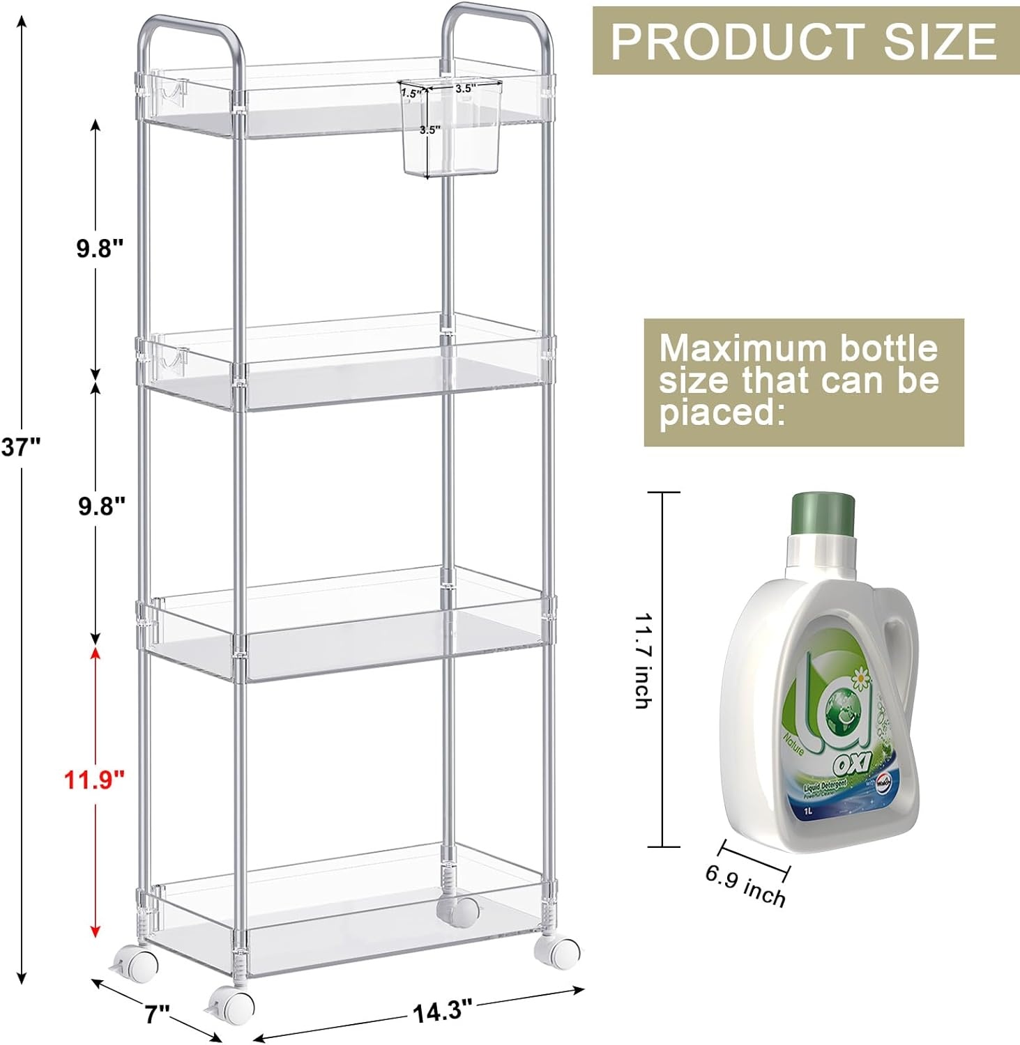 image:imageSPACEKEEPER Acrylic Rolling Storage Cart 4 Tier Clear Bathroom Cart Organizer Transparency Rolling Utility Cart Laundry Room Organization Multifunction Mobile Shelving Unit for Office Living RoomClear