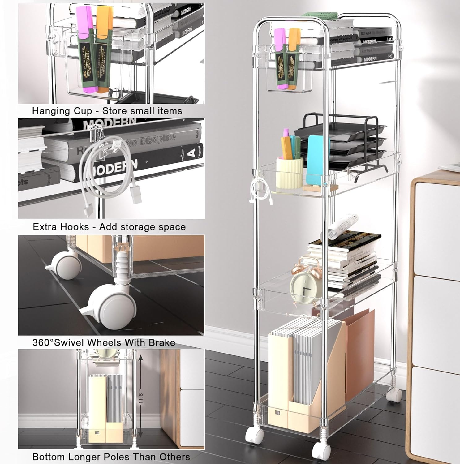 image:imageSPACEKEEPER Acrylic Rolling Storage Cart 4 Tier Clear Bathroom Cart Organizer Transparency Rolling Utility Cart Laundry Room Organization Multifunction Mobile Shelving Unit for Office Living RoomClear