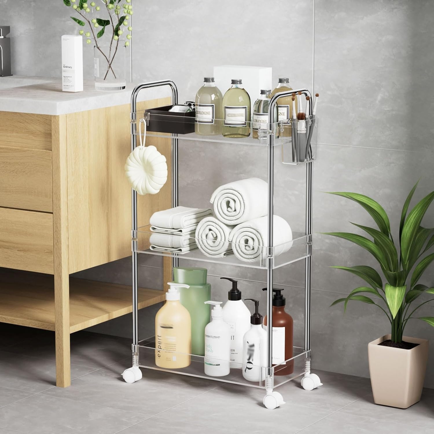 image:imageSPACEKEEPER Acrylic Rolling Storage Cart 4 Tier Clear Bathroom Cart Organizer Transparency Rolling Utility Cart Laundry Room Organization Multifunction Mobile Shelving Unit for Office Living RoomClear