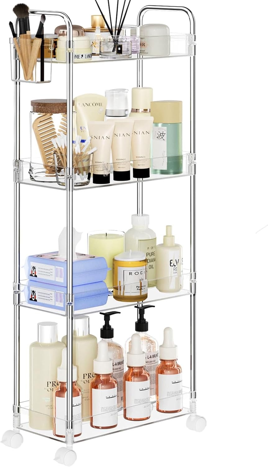 image:imageSPACEKEEPER Acrylic Rolling Storage Cart 4 Tier Clear Bathroom Cart Organizer Transparency Rolling Utility Cart Laundry Room Organization Multifunction Mobile Shelving Unit for Office Living RoomClear