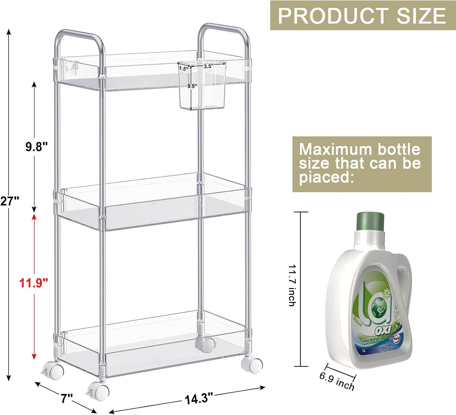 image:imageSPACEKEEPER Acrylic Rolling Storage Cart 4 Tier Clear Bathroom Cart Organizer Transparency Rolling Utility Cart Laundry Room Organization Multifunction Mobile Shelving Unit for Office Living RoomClear