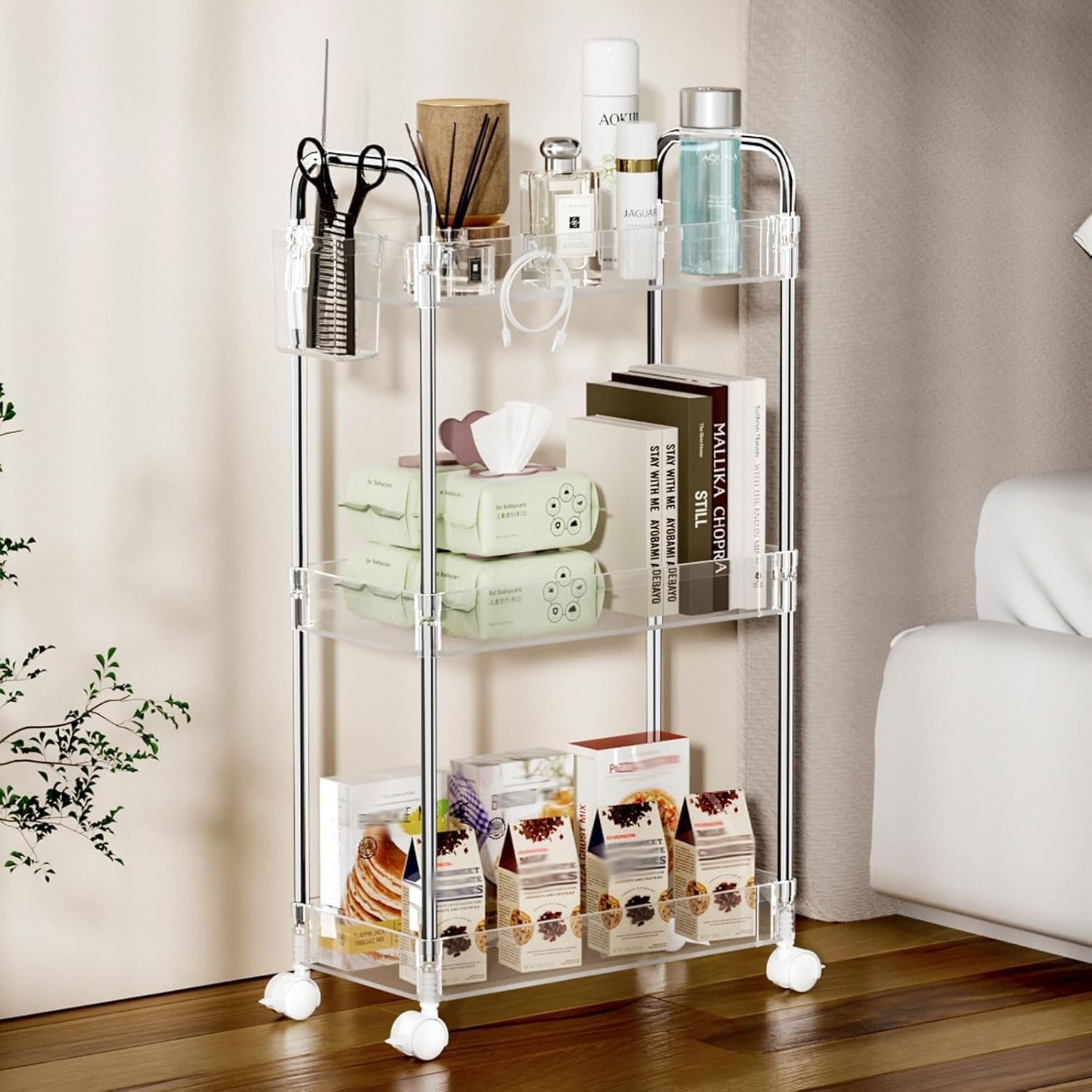 image:imageSPACEKEEPER Acrylic Rolling Storage Cart 4 Tier Clear Bathroom Cart Organizer Transparency Rolling Utility Cart Laundry Room Organization Multifunction Mobile Shelving Unit for Office Living RoomClear