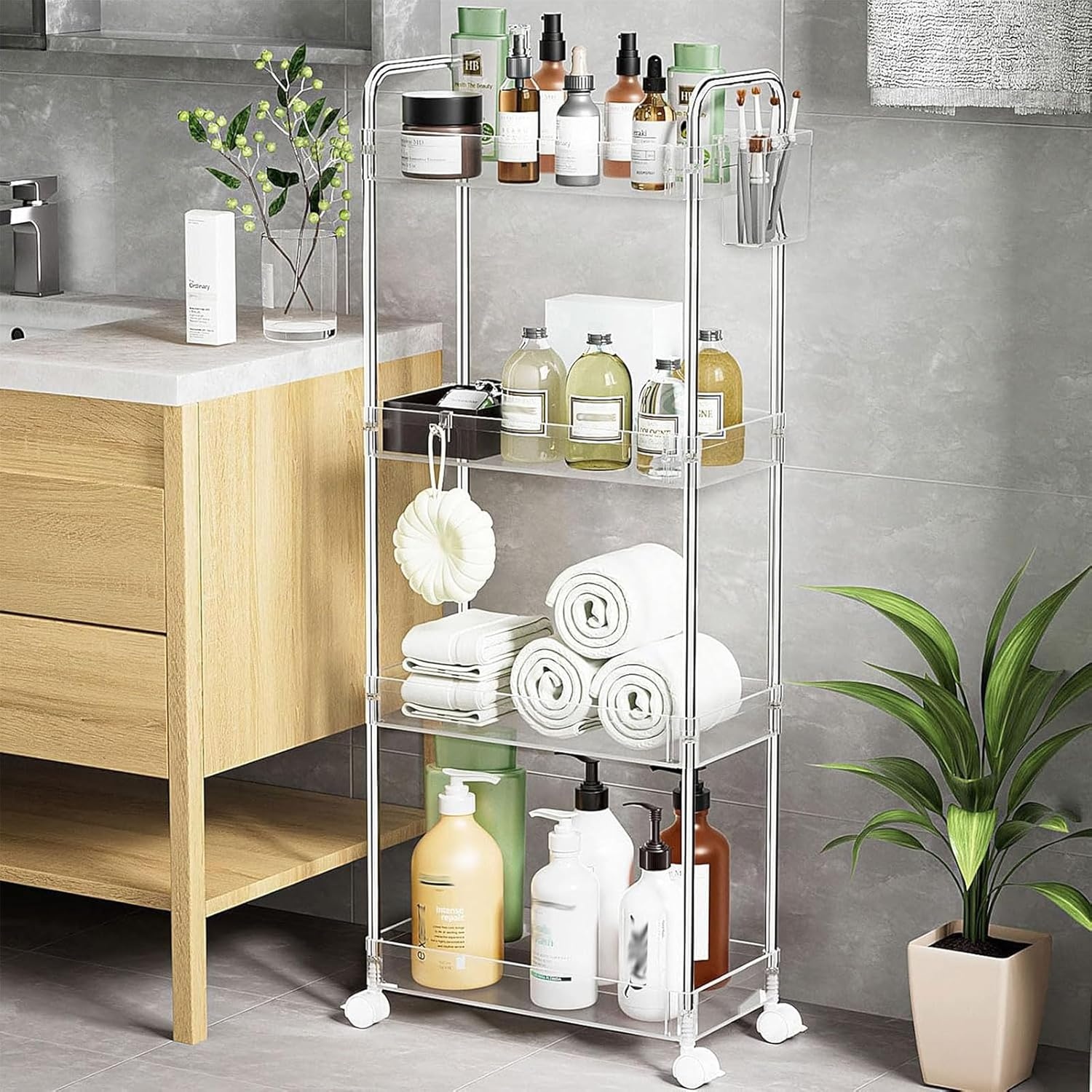 image:imageSPACEKEEPER Acrylic Rolling Storage Cart 4 Tier Clear Bathroom Cart Organizer Transparency Rolling Utility Cart Laundry Room Organization Multifunction Mobile Shelving Unit for Office Living RoomClear